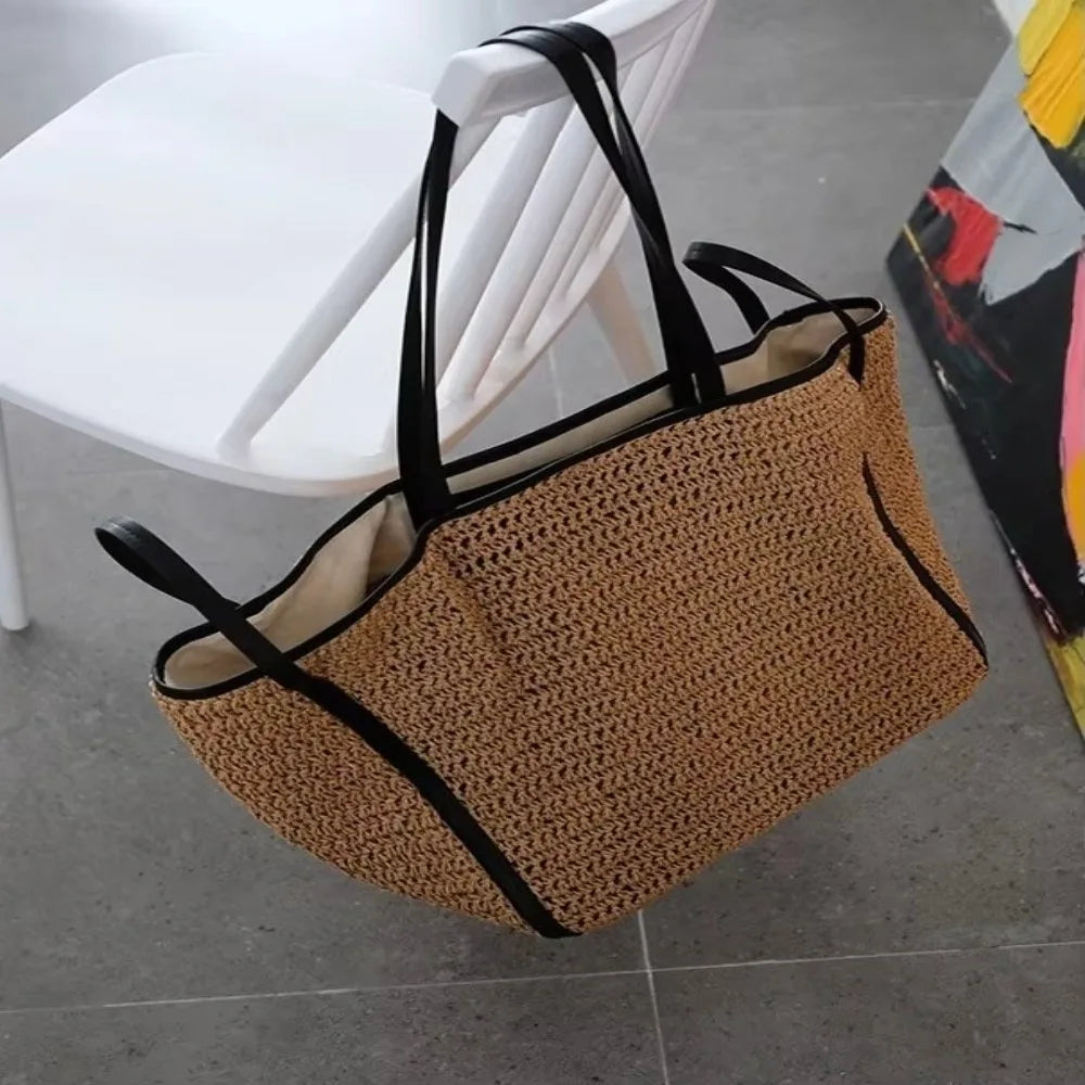 Fashion Vintage Straw Baskets Bag Straw Handmade Woven Beach Bag Korean Style Large Capacity Tote Bag Women Accessory