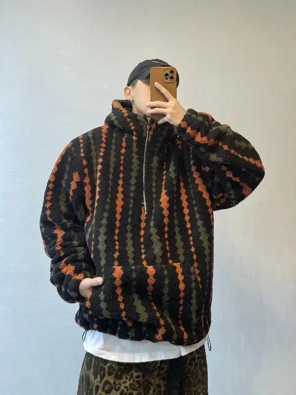 Retro Vertical Striped Autumn Winter Oversized Hooded Overcoat Men's Warm Velvet Loose Casual Half-zip Jackets Male Clothes
