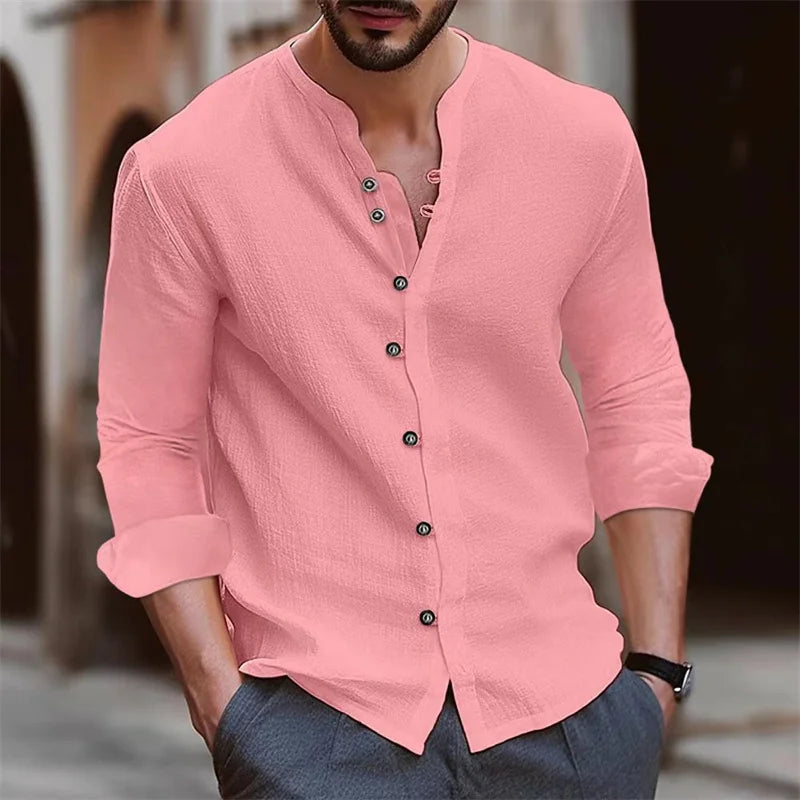 Men's shirts, stand-up collar shirts, fashionable and casual slim fit, solid color men's tops, outdoor shopping clothing S-3XL