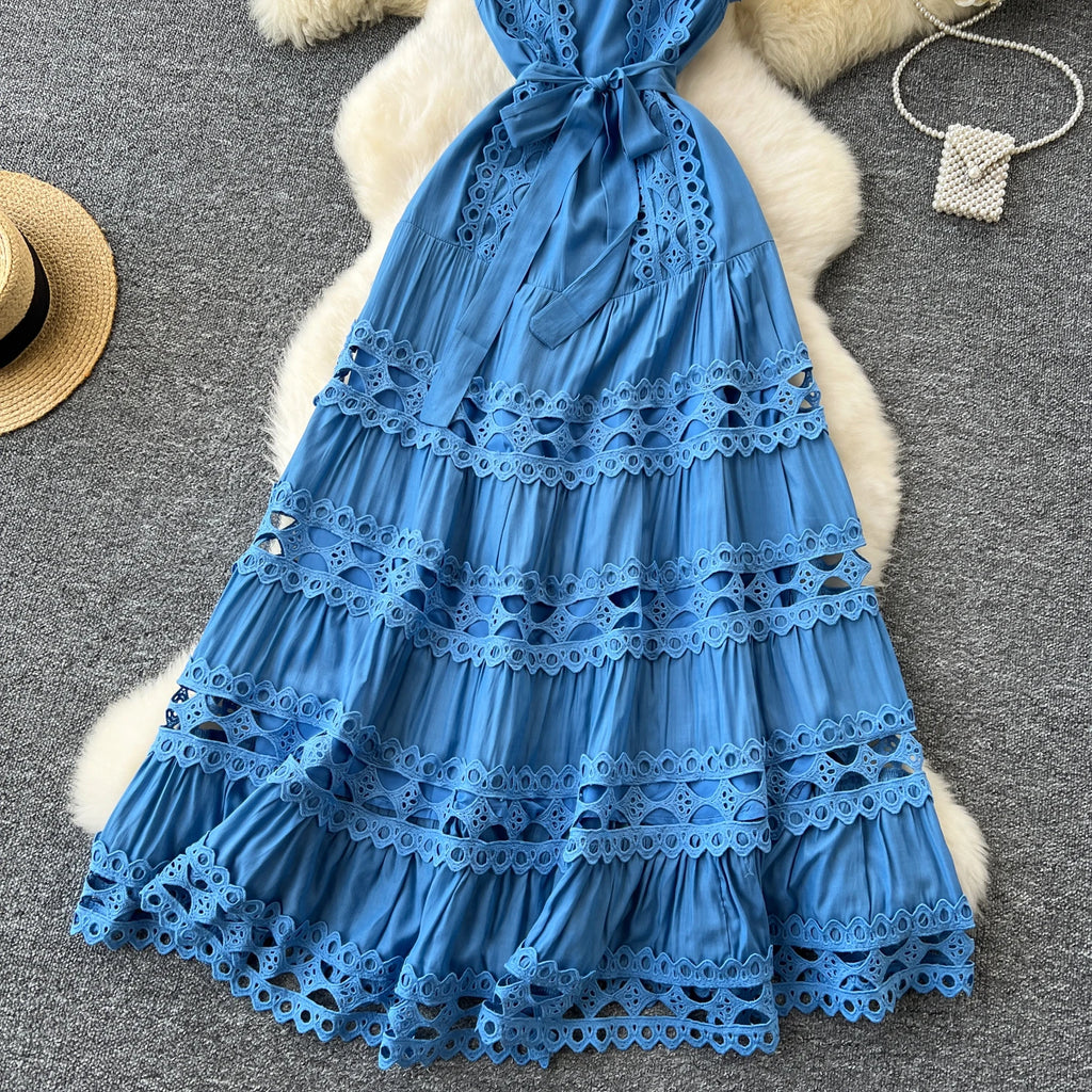 Sexy Hollow Out Embroidery O Neck Sleeveless Bandage Long Dresses Chic Evening Party Summer Vestidos Women Hip Wrap Clothing