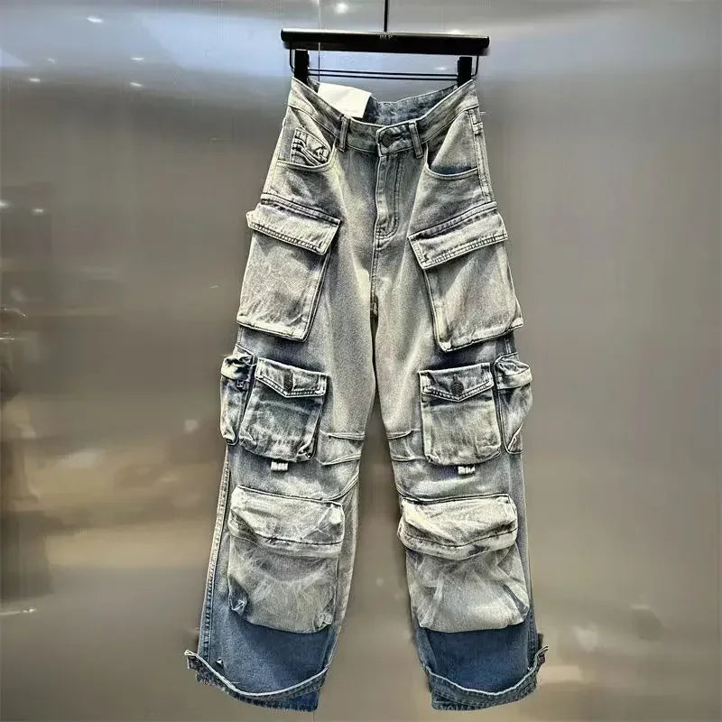 Jeans Women Denim Distressed Multi Pocket Y2k Streetwear Cargo Pants Casual High Waist Zipper Fly Winter Gradient Mom Jeans