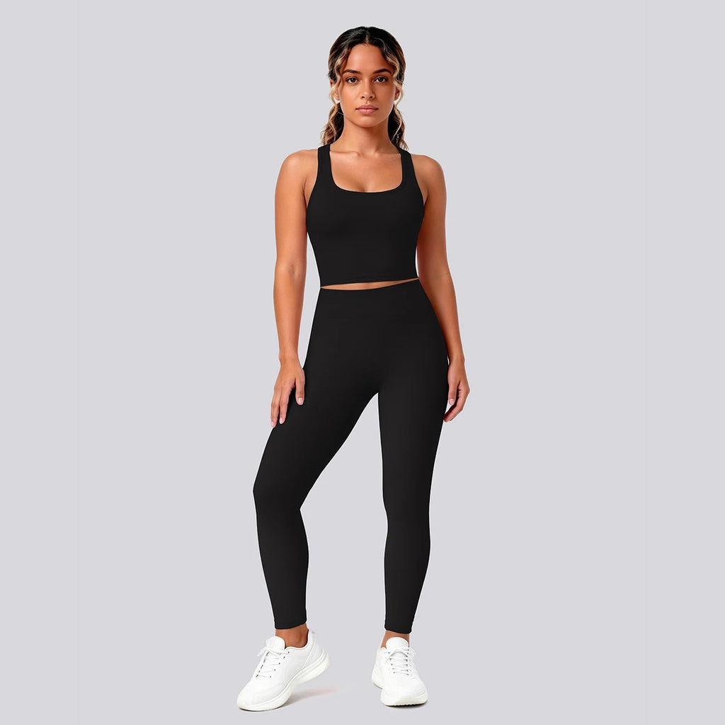 2PCS Solid Color Yoga Set for Woman's Gather Beautiful Back I-shaped Vest Shock-absorbing Running Yoga Tank Top Push Up Pants