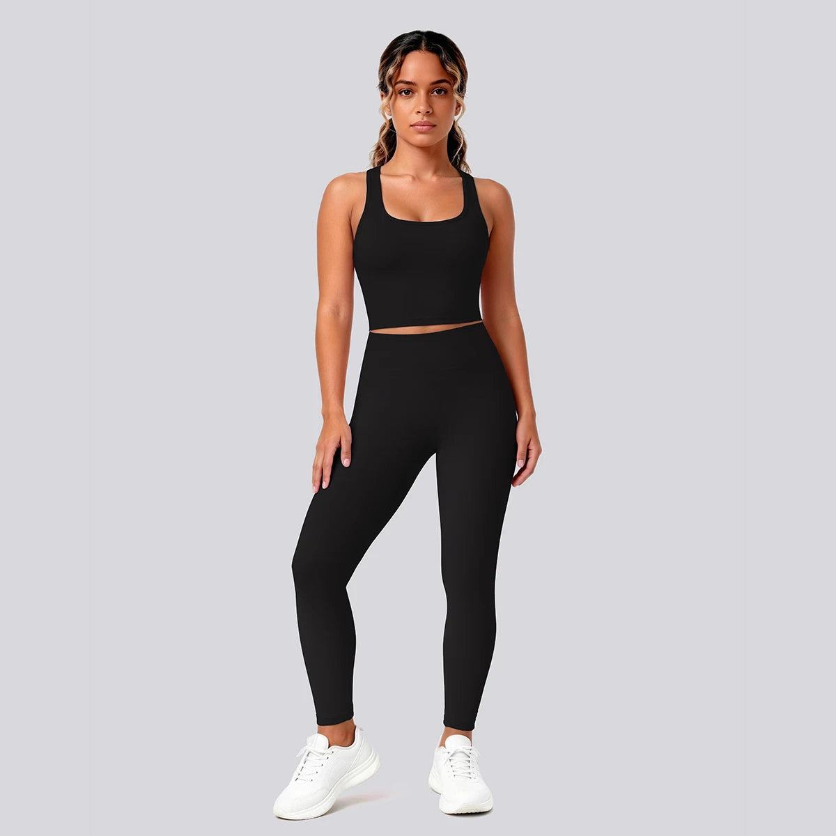 2PCS Solid Color Yoga Set for Woman's Gather Beautiful Back I-shaped Vest Shock-absorbing Running Yoga Tank Top Push Up Pants