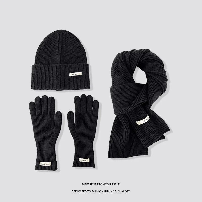Knitted Winter Scarf Woman Solid Color Hat Scarf Gloves Women's Windproof Adult Three-piece Set Fashion Women's Scarf Hat Set