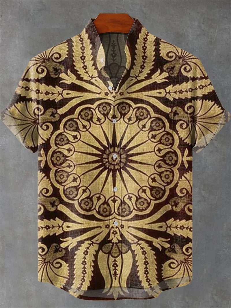 Men's Vintage Art Shirt Vintage Abstract Geometry World Tree Print Short Sleeve Linen Casual Shirt Men's Holiday