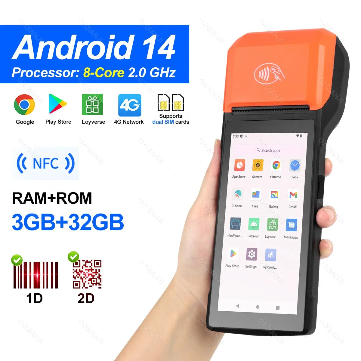 Android 14/13/11 3G 4G Handheld POS Terminal With 58mm Thermal Printer 1D 2D Scanner NFC Reader RAM3GB ROM32GB Mobile Device