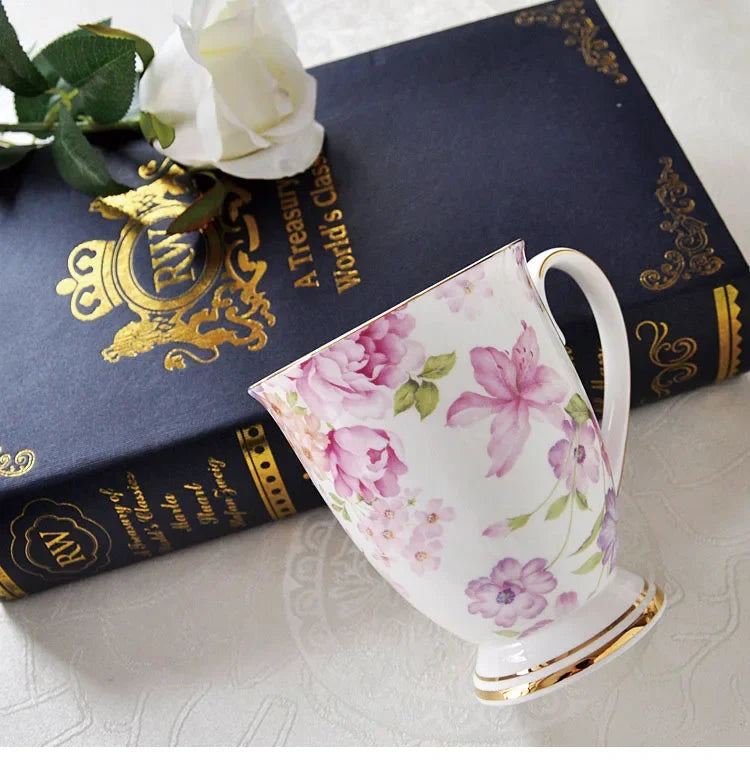 Classical Retro Bone China Mugs Large Capacity Ceramics Breakfast Milk Coffee Mug Pastoral Flower Tea Cup Home Office Drinkware