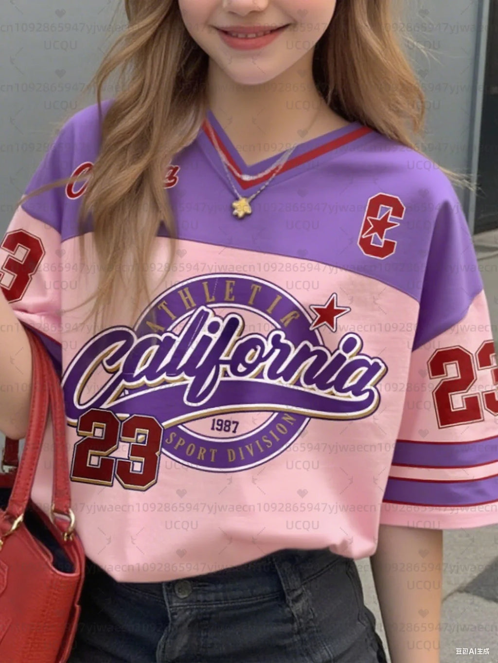 Girls Casual Sports Style California Print Short Sleeve V-Neck Women's Children Men's T-shirt Tops