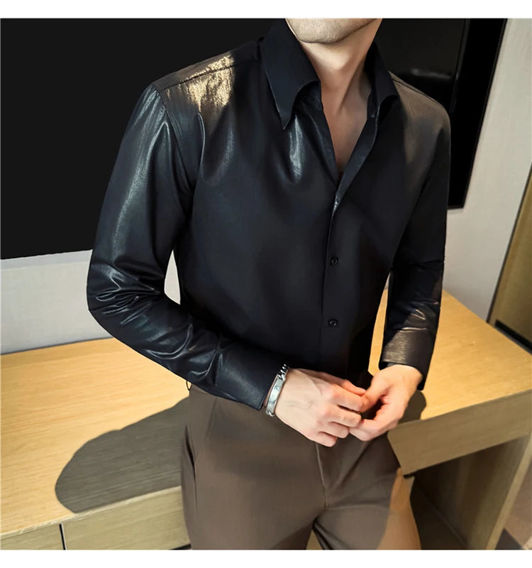 Men's 2026 Spring Luxury Lyocell Cotton Shirt, Leather-Like Texture Jacquard V-Neck, Long Sleeve Business Casual Top