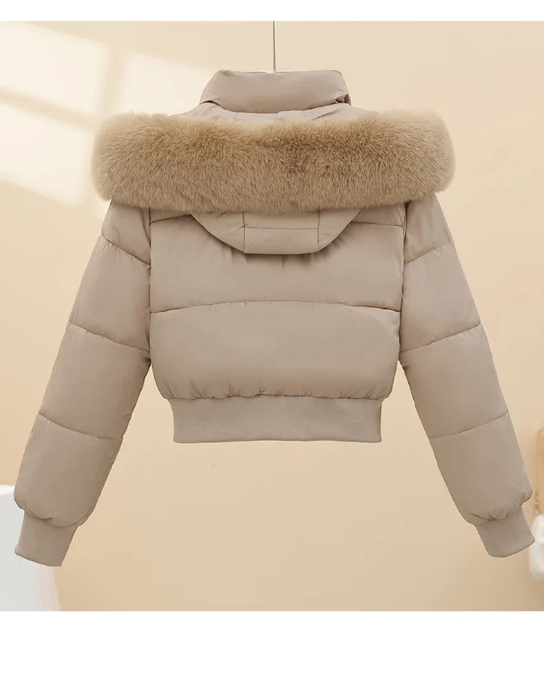 Short Cotton Jackets Long Sleeve Loose Hooded Short Women's Parka Coats Big Fur Collar Winter Down Cotton Padded Coats 2025 New