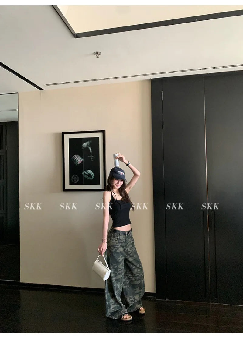 YJKDYK High Waist Camouflage Workwear Jeans Women's Autumn Spring American Retro Wide Leg Floor-Length Pants Trendy High Street