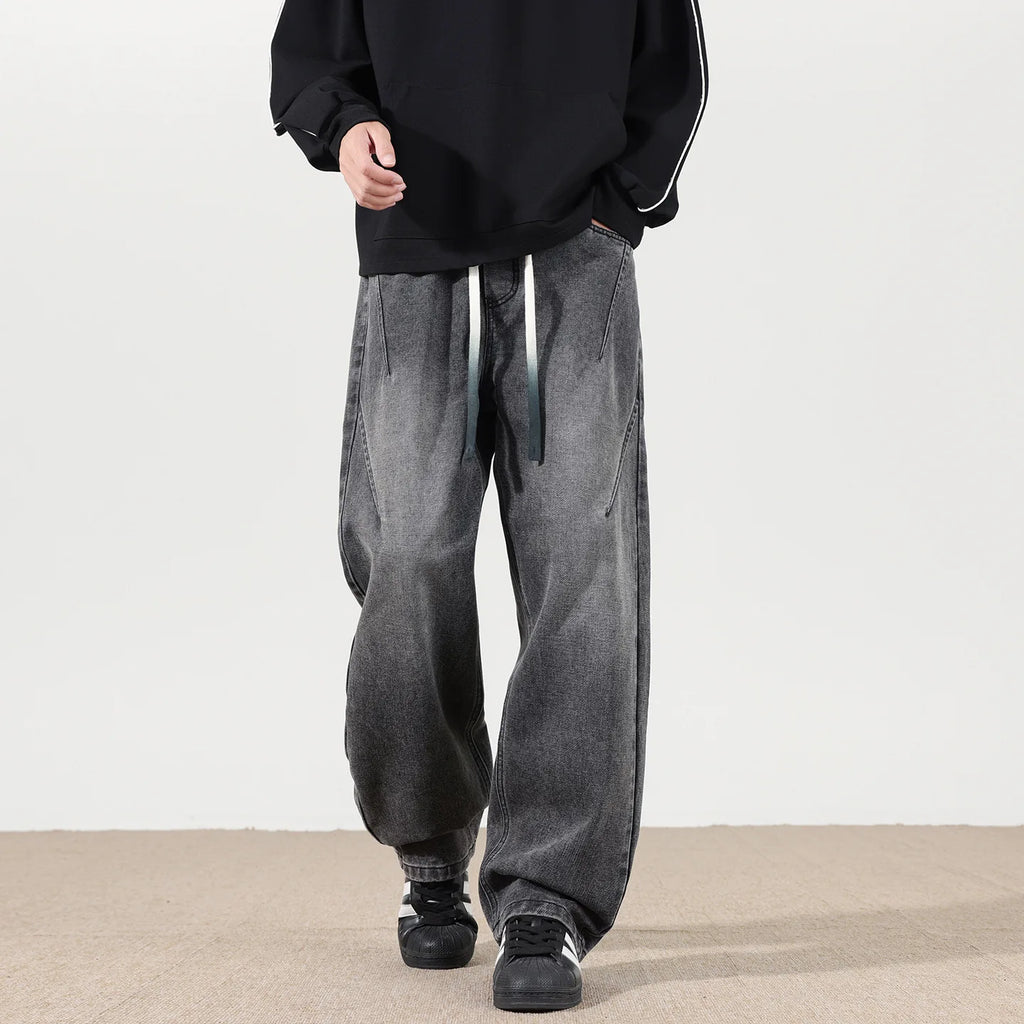 Jeans men's 2025 autumn new style American high street men's washed and worn drawstring trend straight leg denim pants