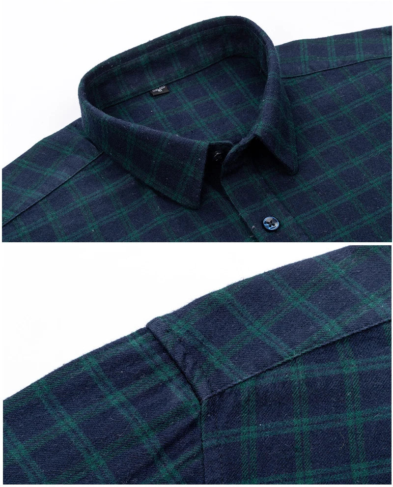 Men's Winter Chic Long Sleeve Shirt Cotton Flannel Plaid Button-Up Comfortable Warm Top for Business Casual Dress Shirts New