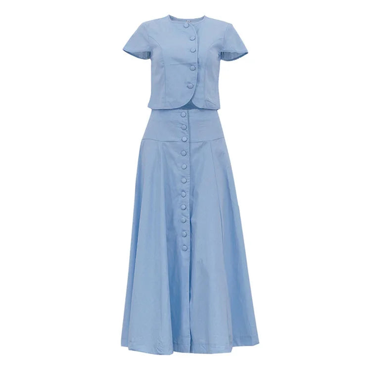 Two Pieces Women Dress Sets Solid Matching Sets Button Short Sleeves Top Empire Waist Ankle Length Skirt Loose Fit 2026 Summer