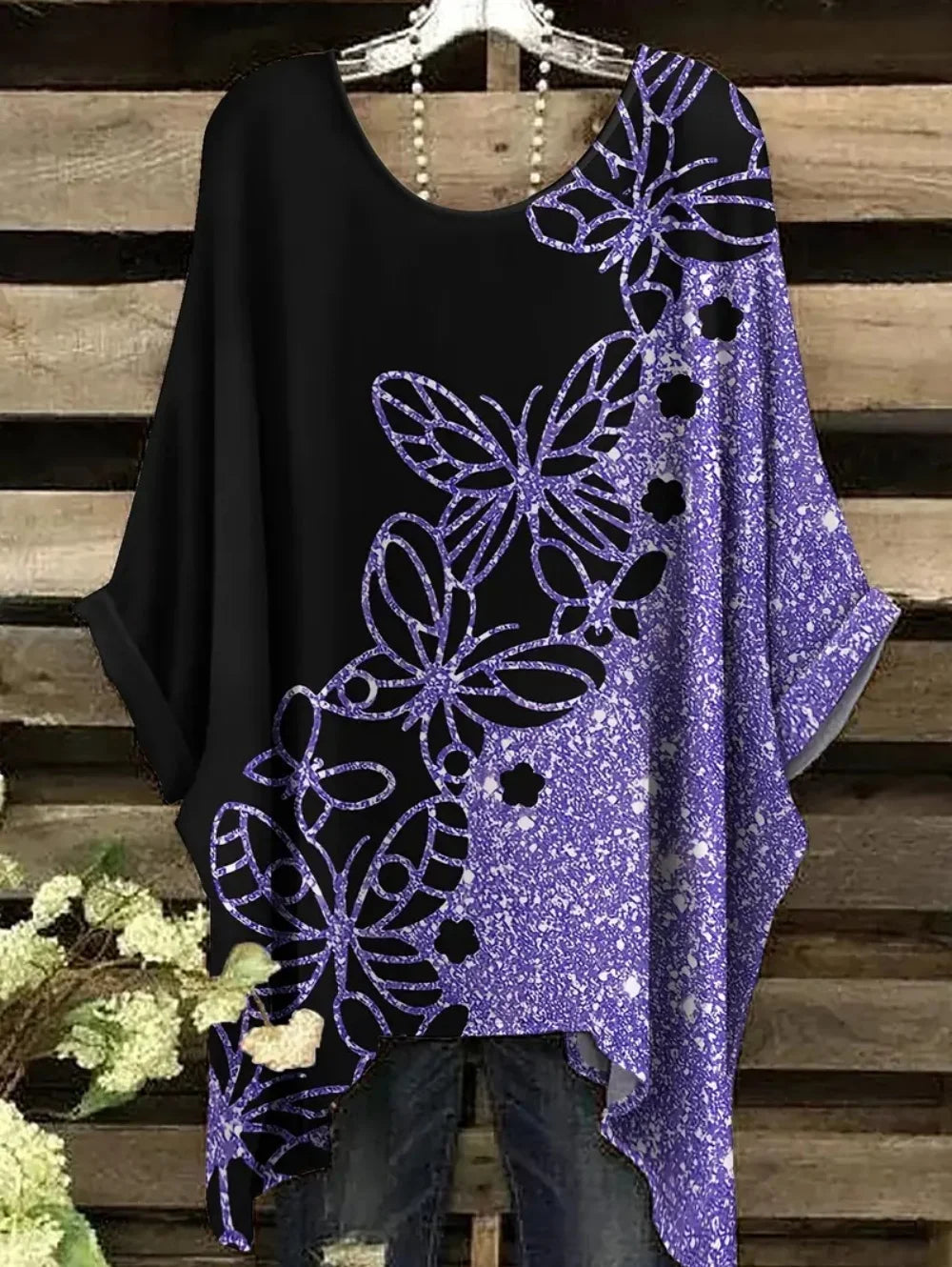 Women's T-Shirts Summer Gradient Sequin Graphics Tops O-Neck Female Vintage Clothing Floral Print Tees Loose Oversized T Shirts