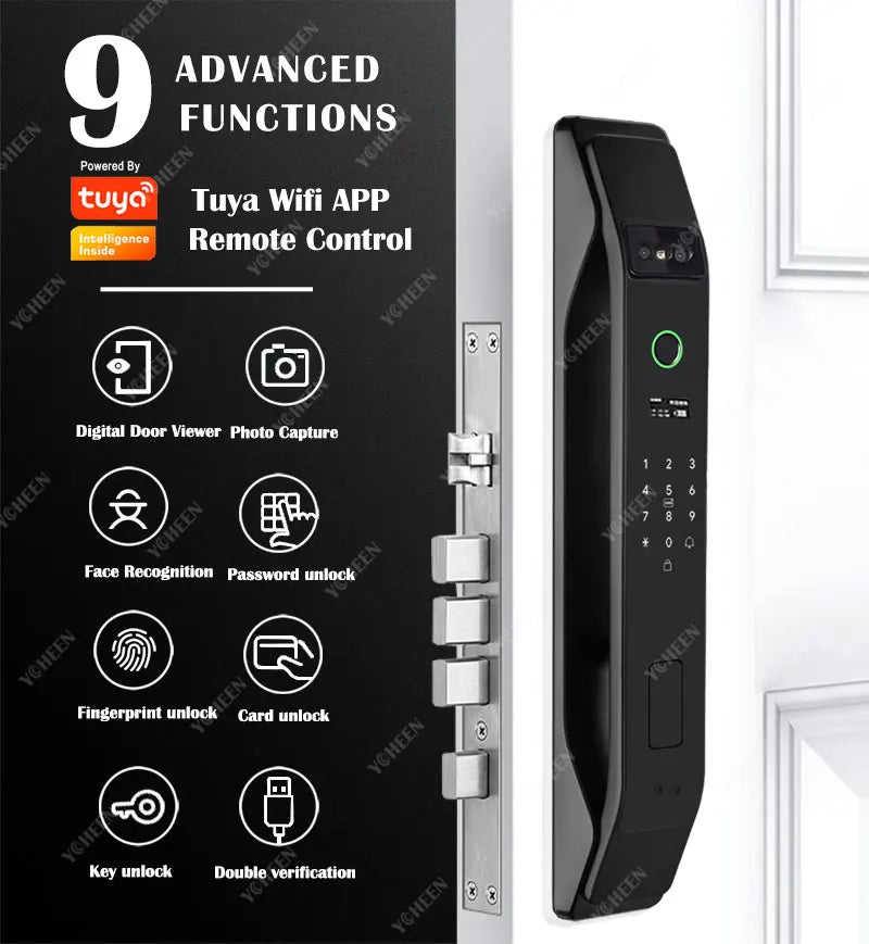 Tuya Wifi App Face Polyglot Electronic Door Lock Fingerprint Recognition Password Smart Digital Lock Key Card 6068 Mortise Lock