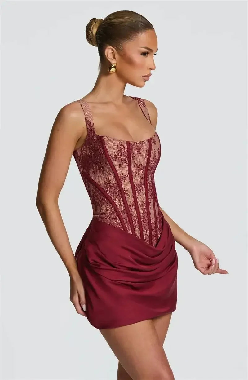 Satin Lace Corset Patchwork Mini Dress Women Square Neck Wide Strap Ruched Bodycon Short Dresses Sexy Club Party Cocktail Robes