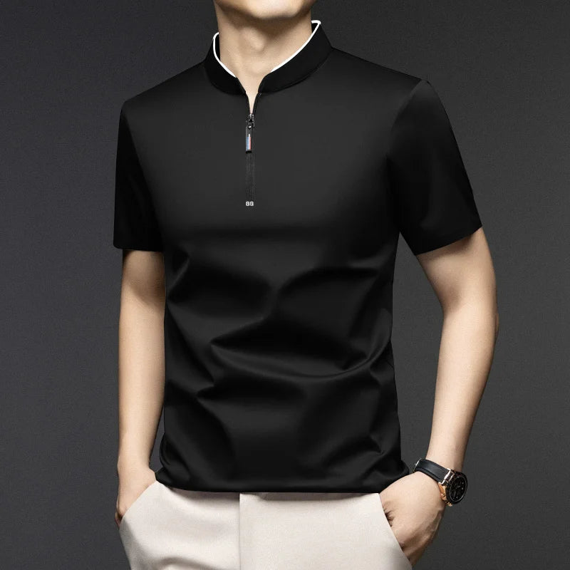 2025 New Men's Casual Fashion Zipper Solid Color Short Sleeved Polo Shirt Stand Up Collar Versatile Comfortable Top