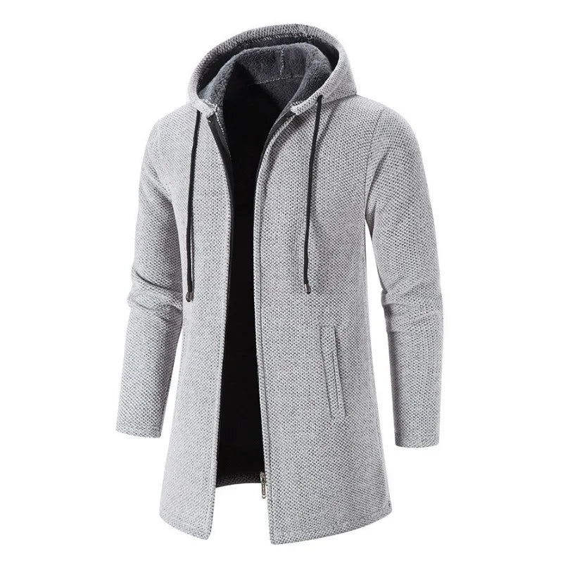 KIDWHXR Man Autumn Winter Cardigan Jacket Fleece Warm Hooded Sweater Coat Male Mid Length Long Sleeve Male Casual Outerwear