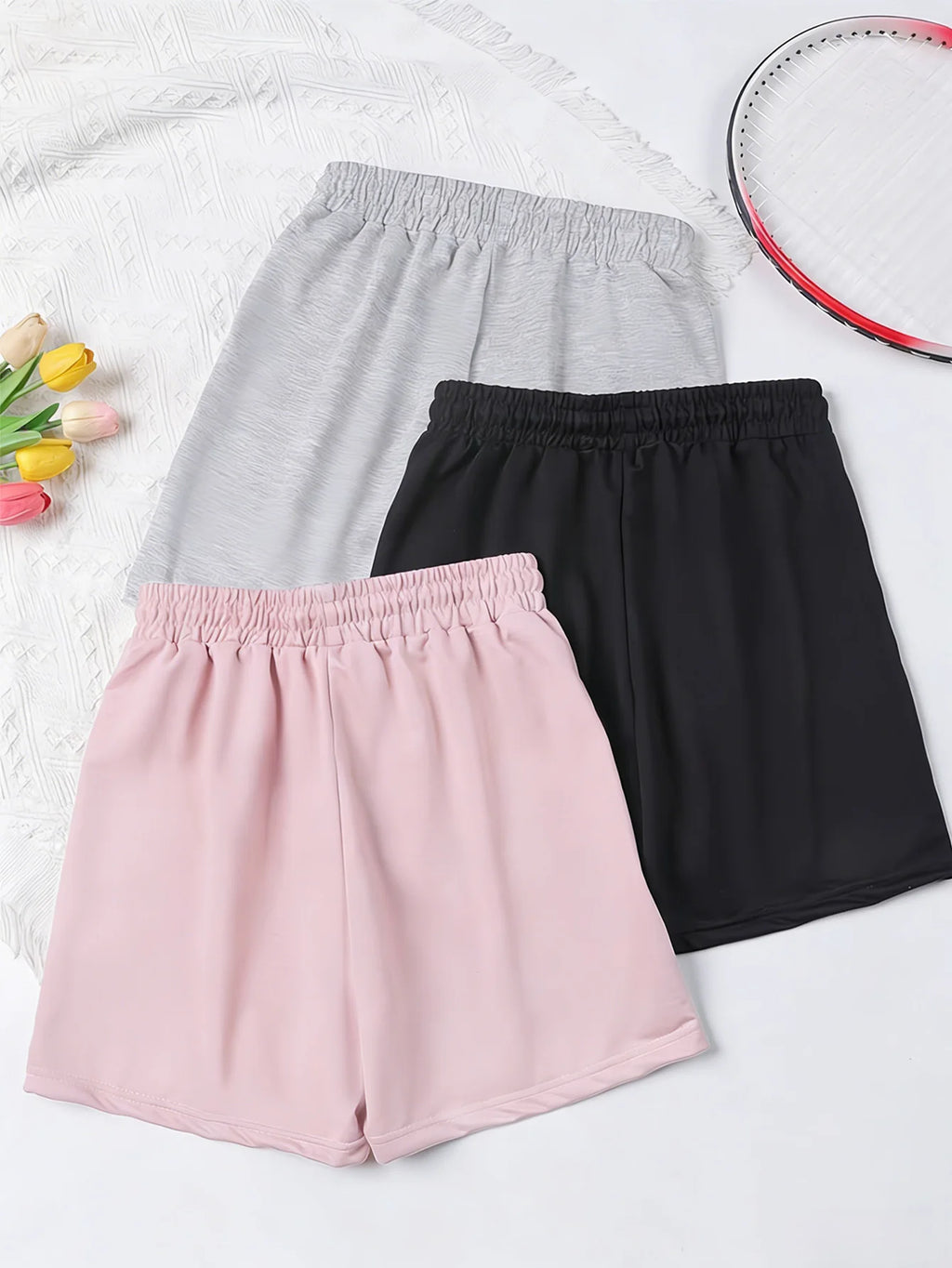 Three Women's Simple Drawstring Sports Shorts, Suitable for Wearing as Outerwear in a Casual Style, Are Comfortable and Soft.