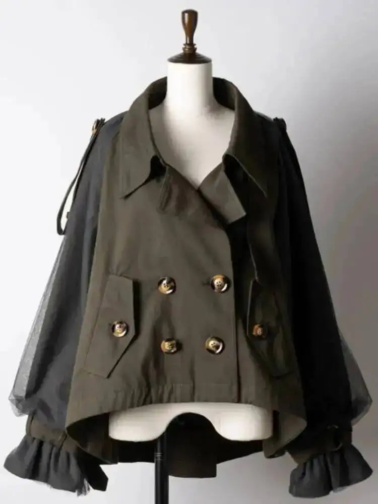 EAM Japanese Style Turn-Down Collar Double Breasted High-Low Hem Cropped Trench Coat Women's Jacket 2026 Autumn New