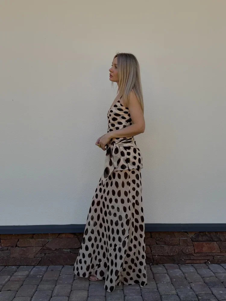 Bohemian Contrast Polka Dot Wrap Skirt Women Vintage Tie Waist Lace Up Chiffon Midi Skirts Coffee Dating Night Out Wear 2026 New