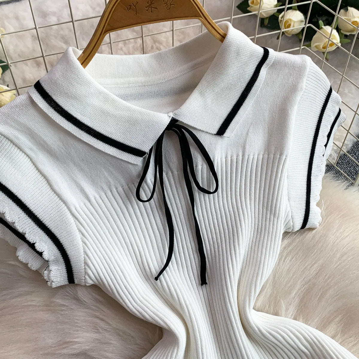 Summer Women Sweet Strechy Sundress Turndown Collar Short Sleeve Knitted Dress Lace Up Bow High Waist A-line Mini Dress