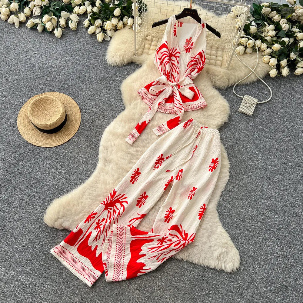 SINGREINY Boho Print Vacation Suits Summer 2026 Sleeveless Lace Up Tank Top+Loose Wide Leg Pant Chic Lazy Casual Women 2pcs Sets