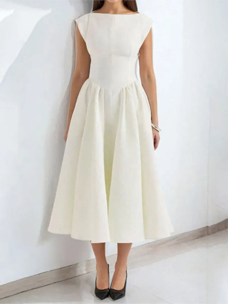Summer French Fashionable Women's Temperament Solid Color High Waist Sleeveless Back Hollow Dress for Slimming