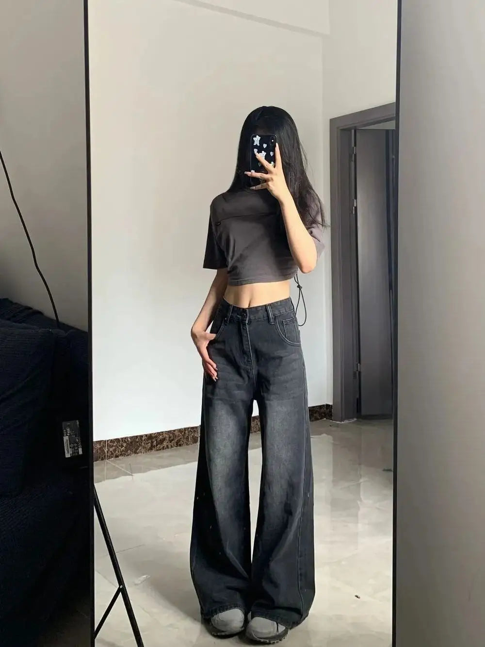 Korean Vintage High Waist Women's Jeans Y2K Slimming Pear-Shaped Loose Straight Bell Bottoms Black Gray Baggy Denim Trousers