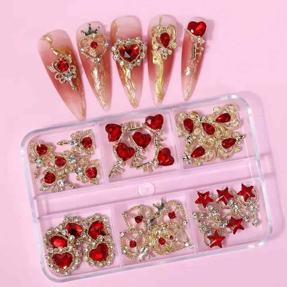30Pcs-6gGrids Luxury Sailor&Moon 3D Red Crystal Nail Charms Gold Alloy Metal Love-Heart Diamond Nail Decor DIY Manicure Jewelry