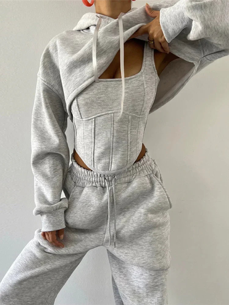 Women Solid 3 Piece Tracksuit Set Cropped Hoodie Corset Waist Vest Wide Leg Pants Casual Autumn Lady Streetwear Matching Outfits