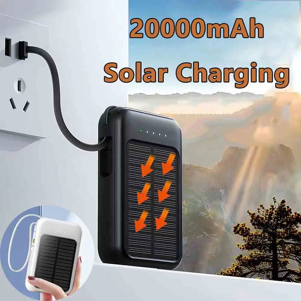 20000mah Solar Power Bank  Built-in Cable Portable Charger External Spare Battery with LED Light External Charger for IPhone Hua