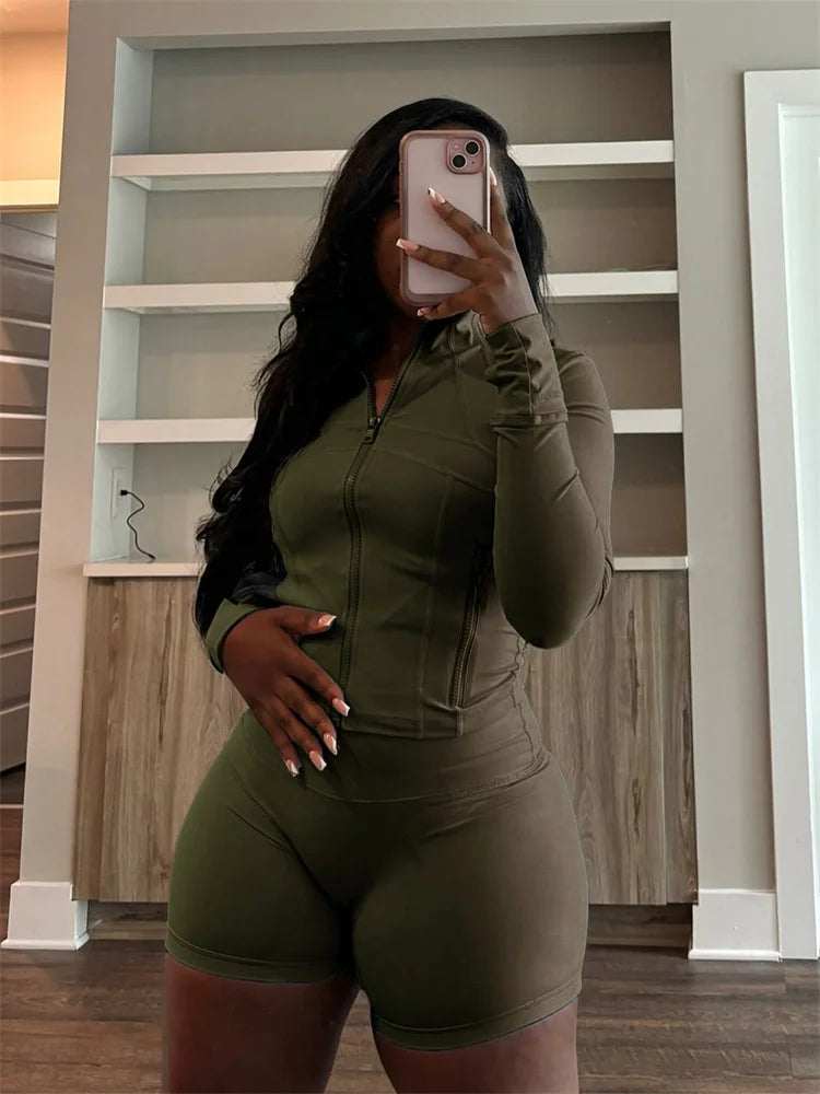 Fall Siold Bodycon Zipper Crop Top Women Tracksuits Sets+Trousers Women Black Gray 2 Two Pieces Matching Leggings Shorts Suits