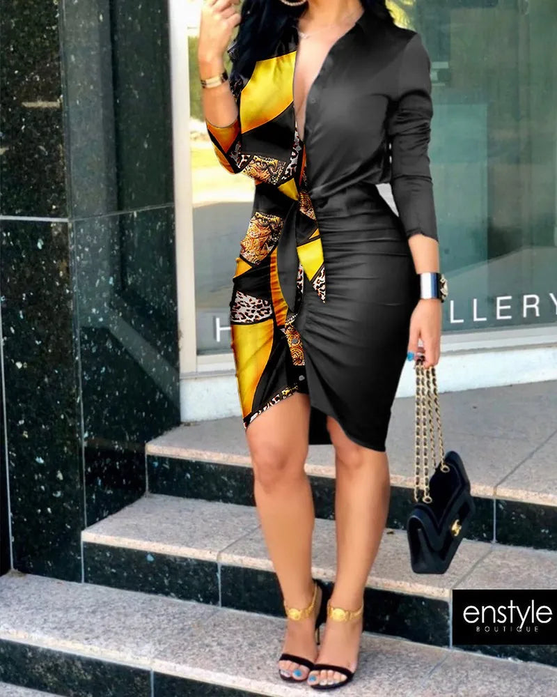 Summer Autumn New Elegant Ladies's Dress 2024 V-neck Strap Solid Color Elastic Waist Bag Hip Printed Long Sleeve Shirt Dress