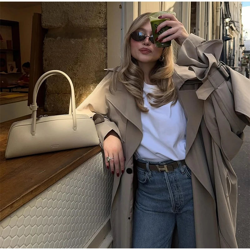 Casual Lace Up Long Trench Coat Women Chic Solid Color Full Sleeve Lapel Windbreaker 2026 Fall New Fashion Loose Commute Jackets