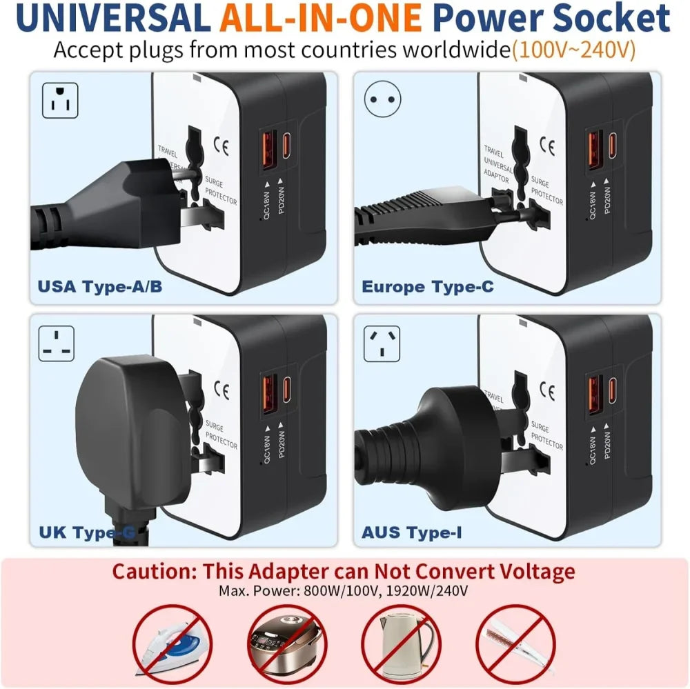 All-in-One Universal Travel Adapter USB A Type C Port Power EU UK US AU Power Charger Adapter Multifunctional Converter Socket