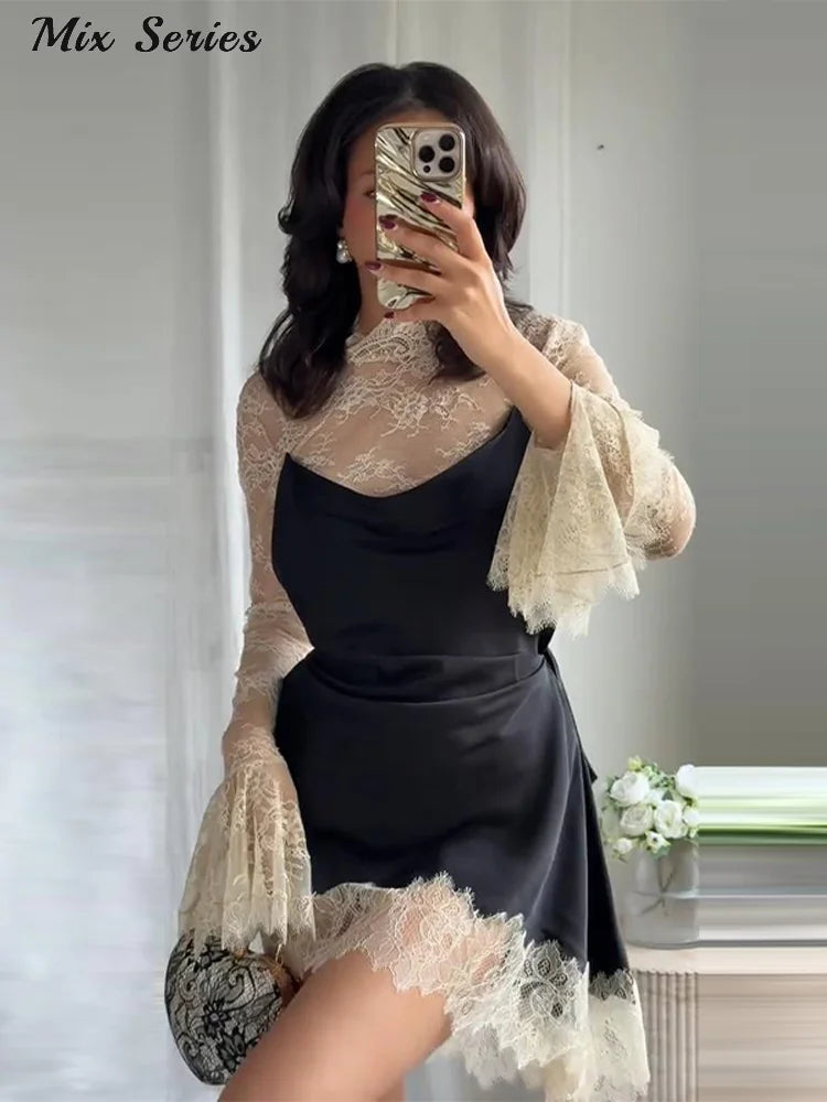 Sexy Color Block Bodycon Dress Women's Lace Insert Full Sleeve Y2K Mini Dresses 2025 Autumn Lady New Elegant Party Clubwear