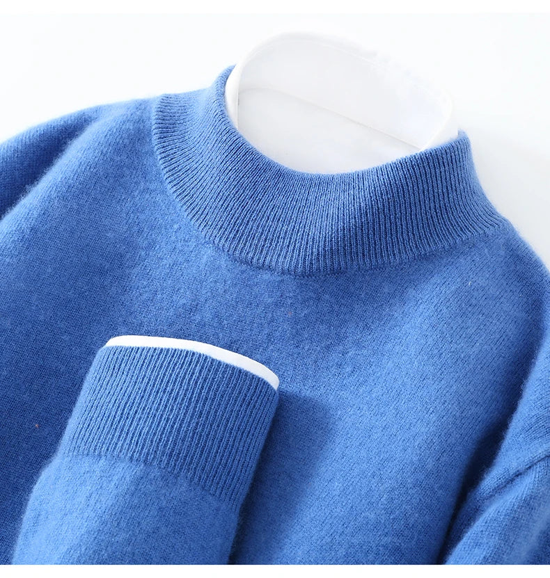 Autumn/Winter Men's 100% Pure Cashmere Pullover Business Casual Solid Knitted Sweater Loose Half High Neck Tops Thick Jumper