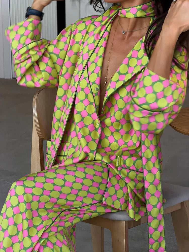 Vintage Polka Dot Women's Pants Sets 2 Pieces Tie Lapel Full Sleeve Blouses Loose Wide Leg Pant 2026 Autumn Lady Vacation Suits