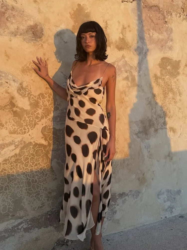 Trendy Slip Dress Animal Print V-neck Sexy  High Slit Fit Maxi Women Dresses Party Stylish Retro Summer Beach Street Outfits Y2k