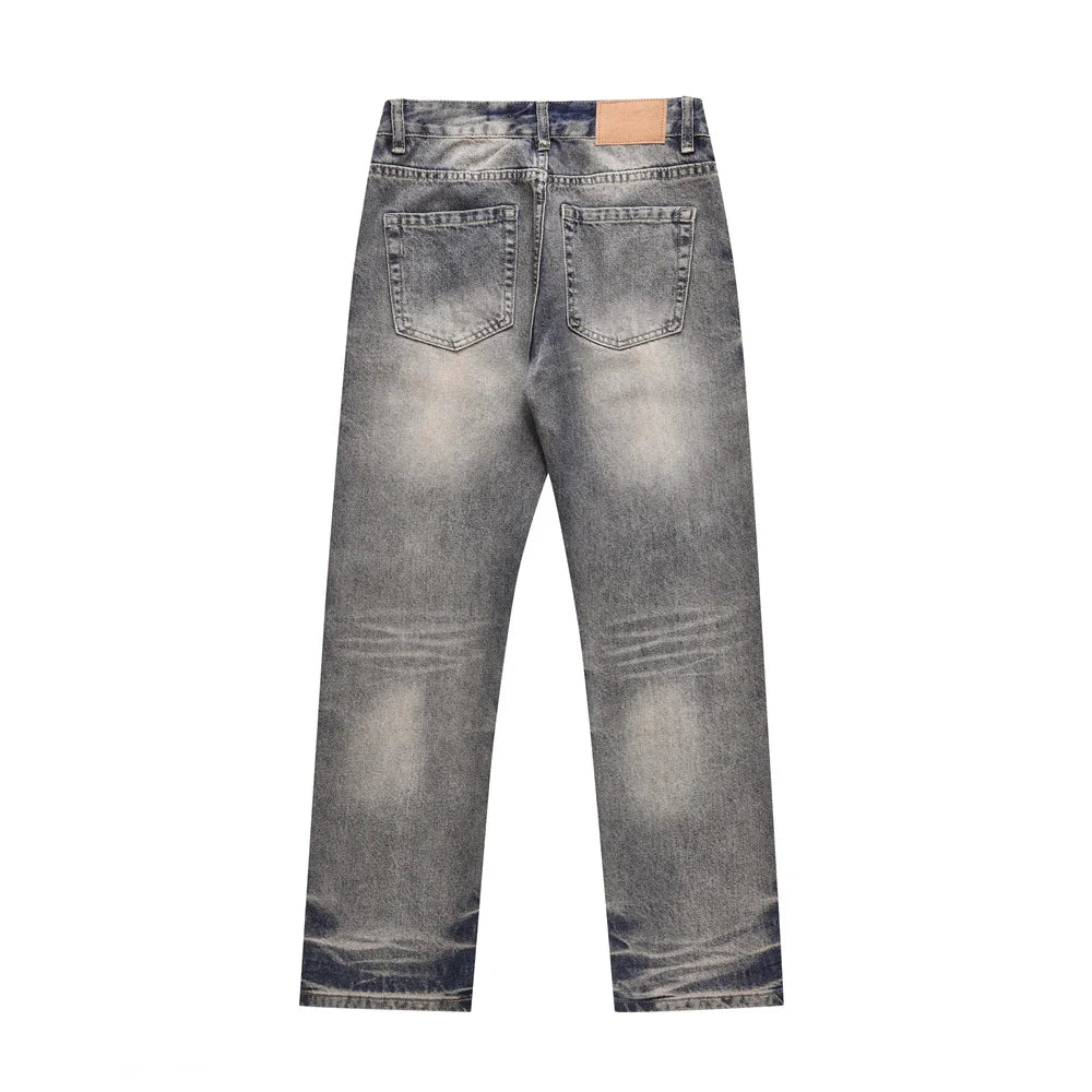 Washed Distressed Blue Denim Pants Mens Autumn Winter Casual Streetwear Straight-leg Jeans Men