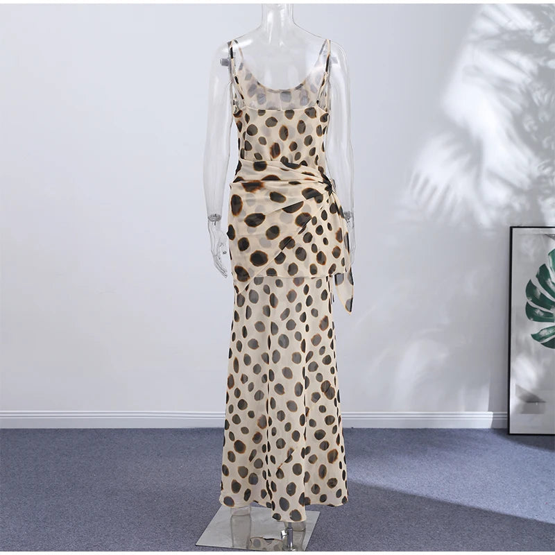 Vintage Print Maxi Dress Square Neck Spaghetti Strap Sleeveless Off Shoulder Detachable Wrap Tie Sash Dresses 2026 Chic Outfits