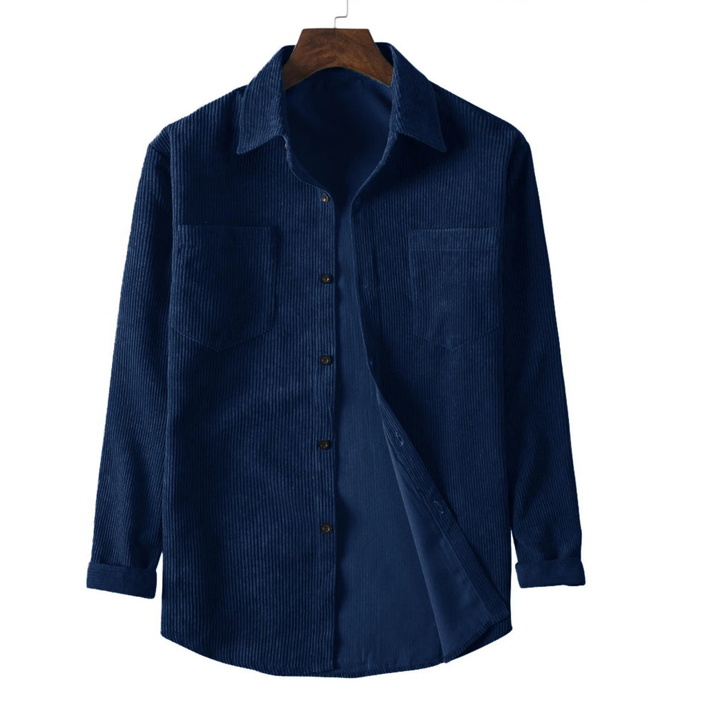 New spring and autumn men's corduroy long-sleeved double-pocket solid color casual men's top button lapel fashion