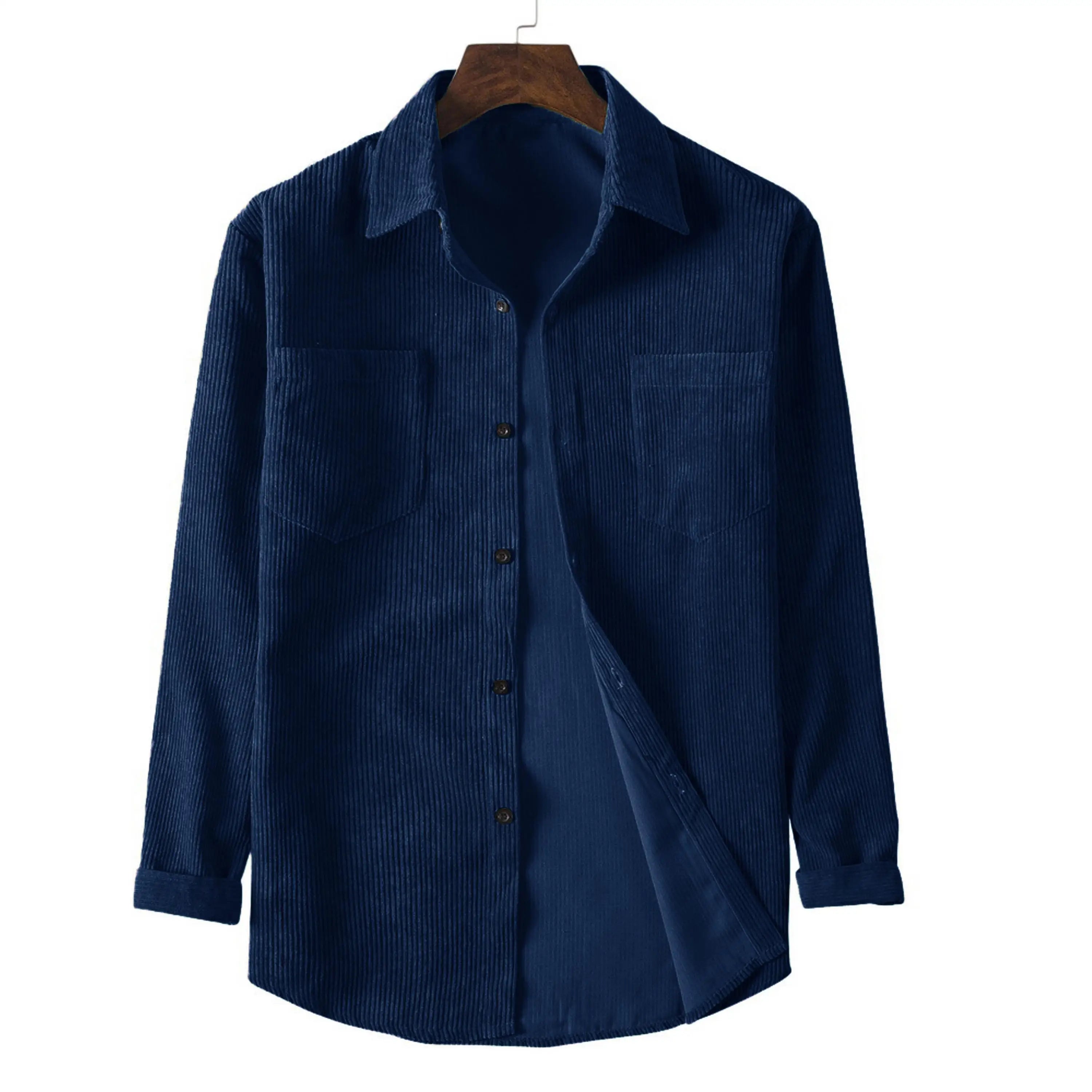 New spring and autumn men's corduroy long-sleeved double-pocket solid color casual men's top button lapel fashion
