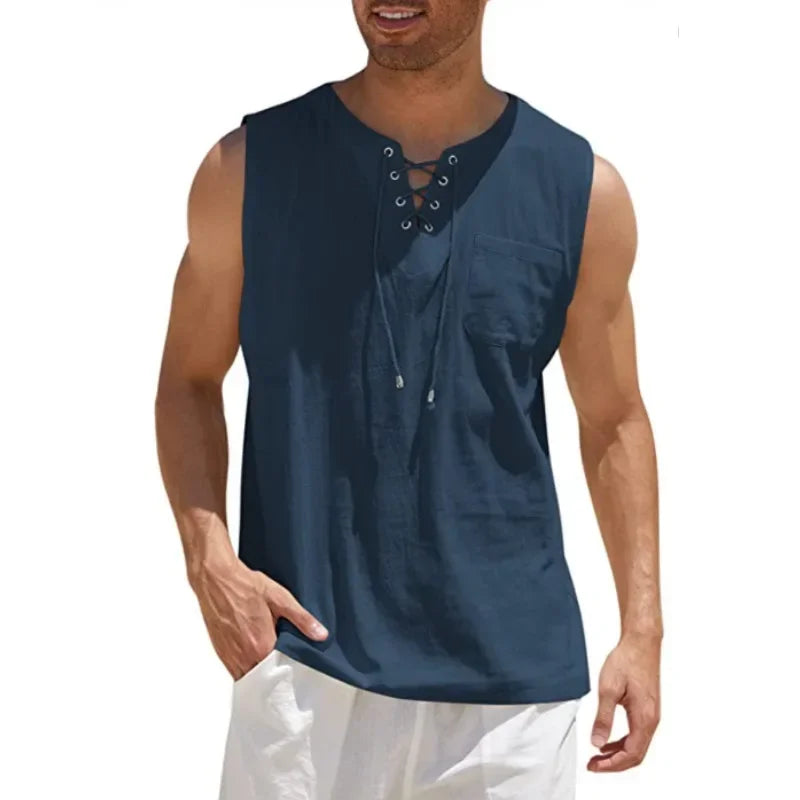 New 2026 Men's Casual Cotton Linen Tank Tops Men Drawstring V Neck Sleeveless Shirts Summer Casual Shirt Gym Fitness Vest Tops