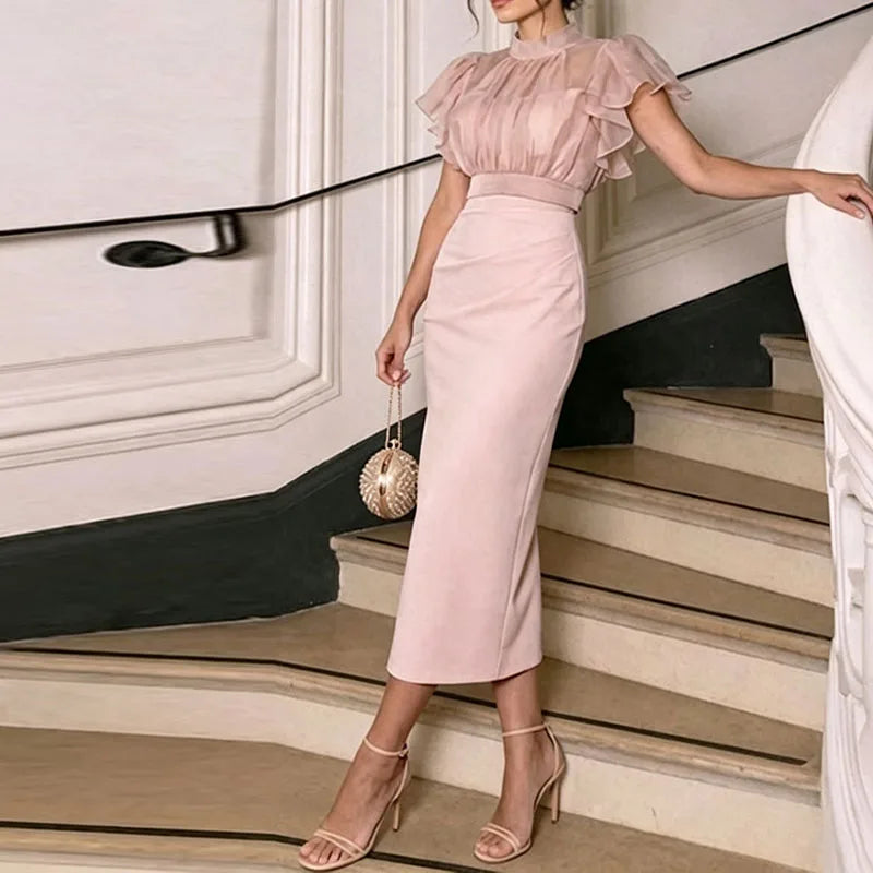 Women Solid 2 Piece Set Stand Collar Ruffle Puff Sleeve Mesh Crop Top & Bodycon Skirt Suits Elegant Wedding Guest Evening Outfit