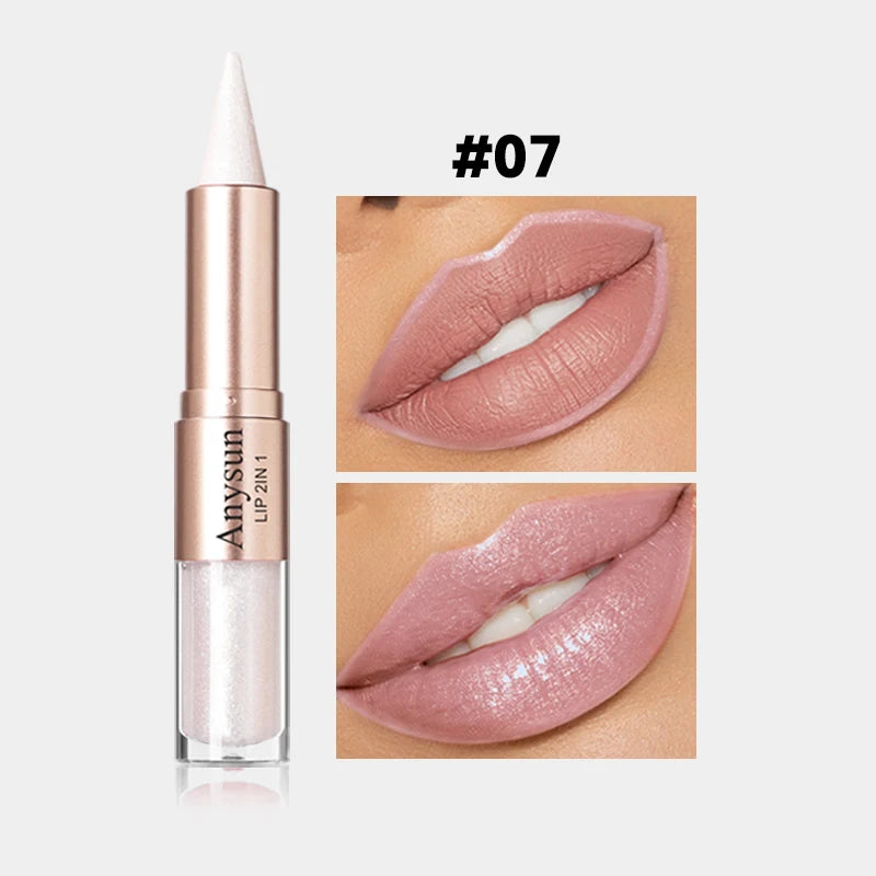 Double Head 2-in-1 Lip liner+Lip Gloss Waterproof and Durable Fine Shiny Mirror Gloss