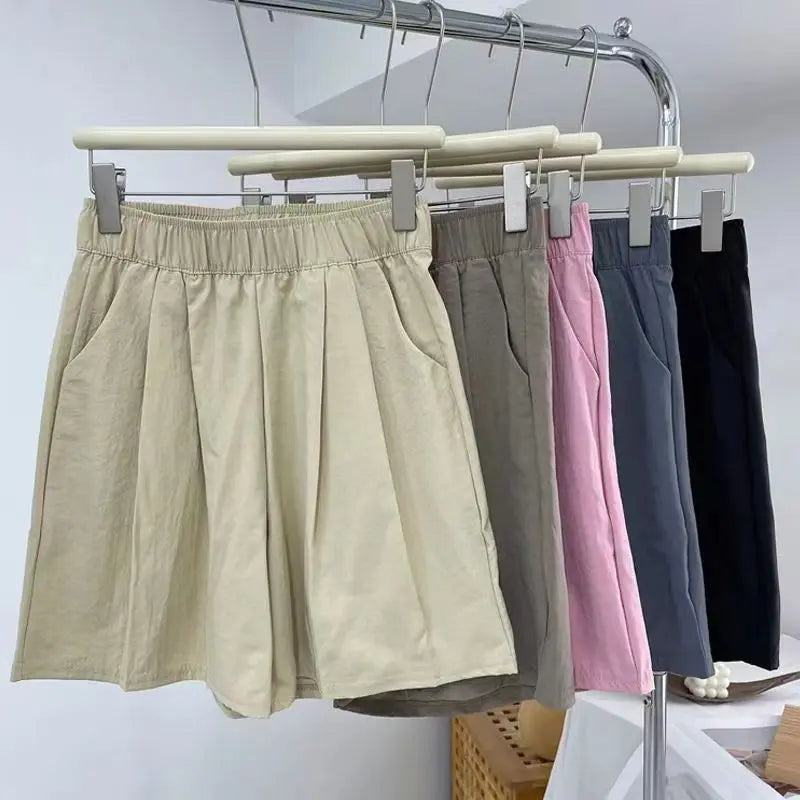 Women Shorts with Pockets Casual Basics Thin Simple Loose Fit Wide Leg Female Bottom Pants Fitness Sport Solid Running Shorts