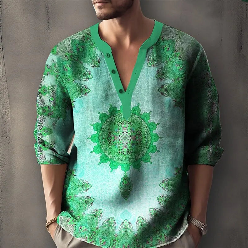 Retro Spring and Autumn New Men's Fashion T-shirt Casual Long Sleeve V-neck Polo Shirt